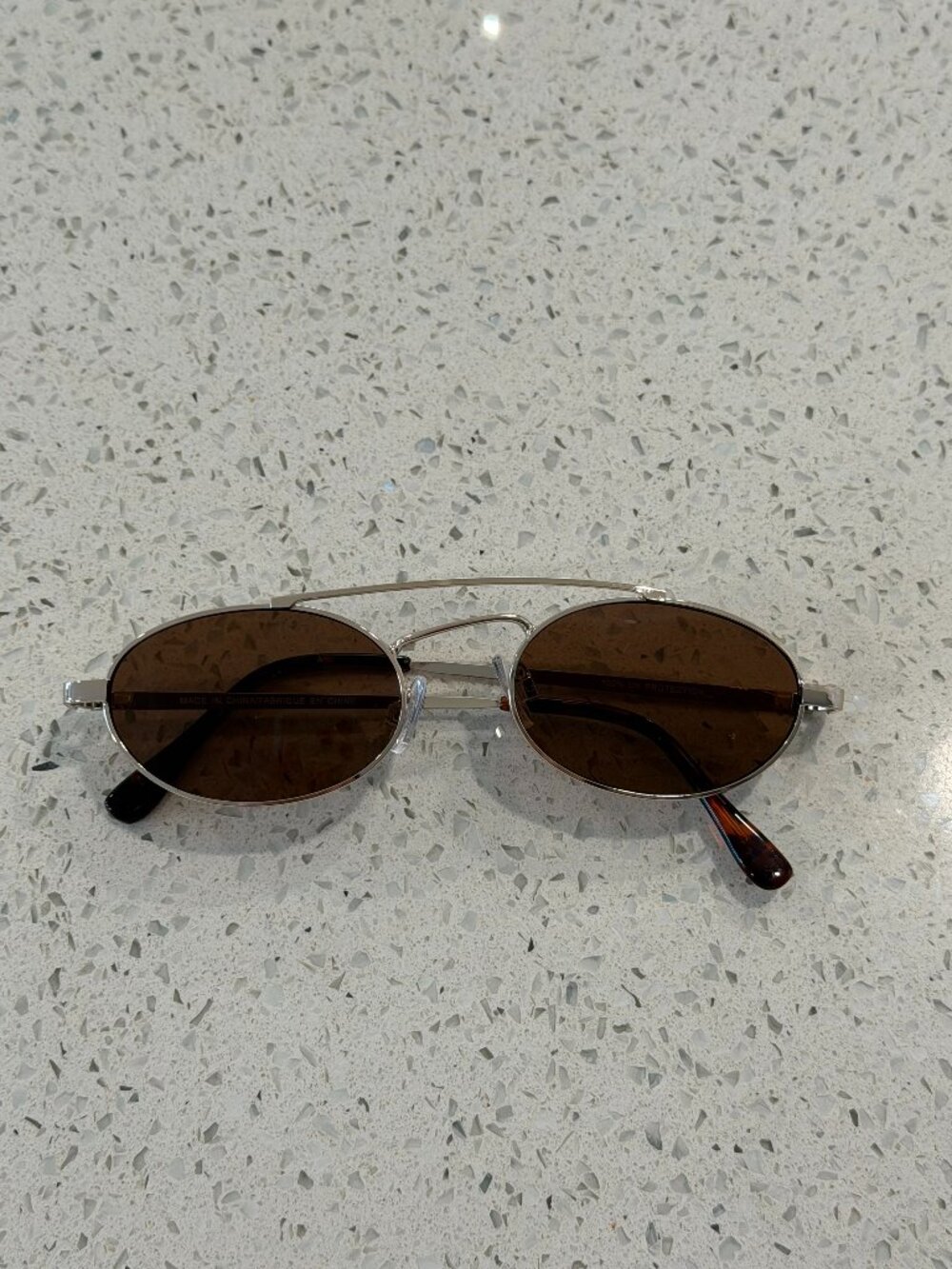 Silver Double Bridge Oval Sunglasses Brown Lens Tortoise Tips